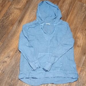 Light Blue Hooded Top Long Sleeve 100% Linen Kangaroo Pocket On Front Size Mes